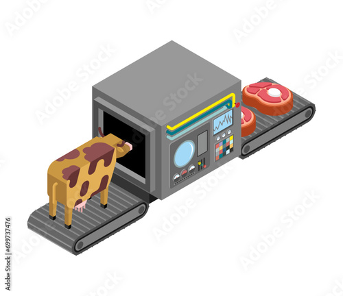 Automatic production of steaks. Cow and meat Production complex of technological equipment. Beef Engineering vehicle isometric. Hamon Food production equipment.