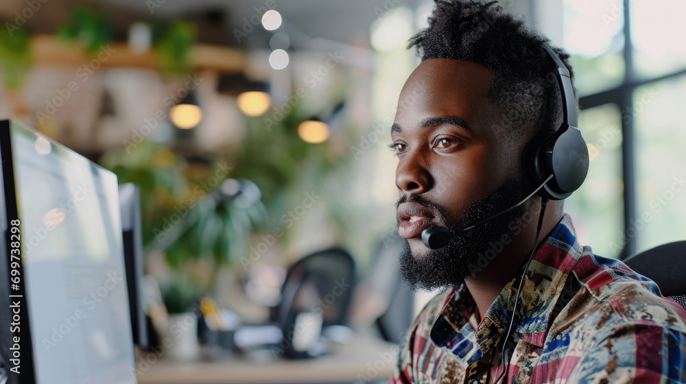 A dark-skinned call centre operator wearing headphones and a microphone works at a computer A dark-skinned call centre operator wearing headphones and a microphone works at a computer