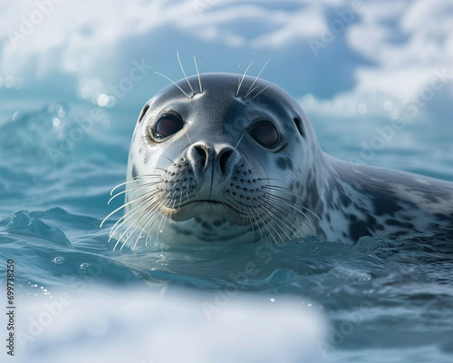 Close-Up of Arctic Sunlit Seal Emerging from Icy Breach, Showcasing the Enchanting Wildlife in the Heart of the Arctic's Bright Sunlit Scenes © NadinMich