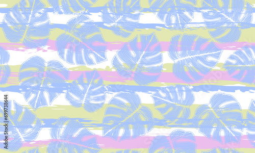 Monstera jungle leaves floral repeat ornament over stripes background.
