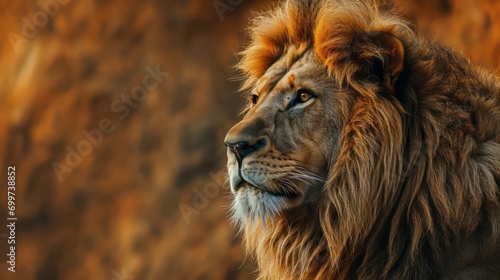 Majestic Lion staring, motivational quote inspirational male grind post, Stoicism stoic hard men mentality philosophy philosopher, copy space for quotation text