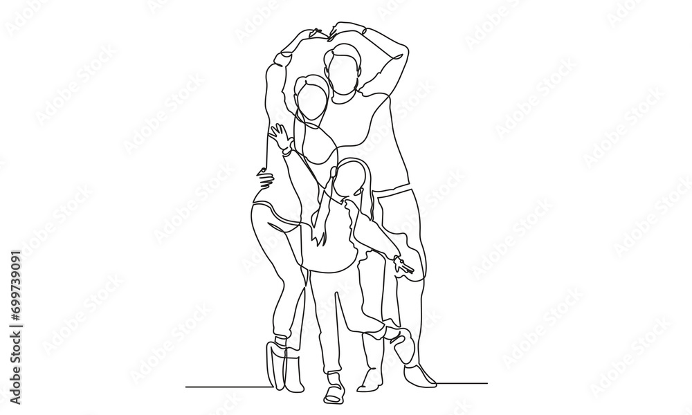 Happy Family single continuous line drawing of A happy family with one child. isolated on a white background. Vector illustration.
