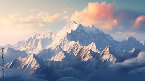 Breathtaking snow-capped peaks of tall mountains bathed in the soft morning glow. Majestic, snow-covered, stunning, serene, alpine, dawn, picturesque, scenic, towering, grand. Generated by AI.