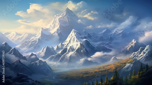 Serene snow-capped peaks of tall mountains catching the first morning light. Majestic, snow-covered, breathtaking, serene, alpine, dawn, picturesque, scenic, towering, grandeur. Generated by AI.