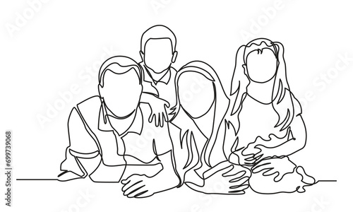 Happy Family single continuous line drawing of A happy family with two children. isolated on a white background. Vector illustration.
