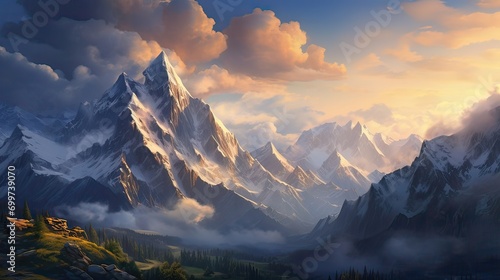Majestic snow-capped peaks of tall mountains glowing in the first light of morning. Towering, snow-covered, stunning, breathtaking, serene, alpine, dawn, picturesque, scenic, majestic. Generated by AI © Anastasia
