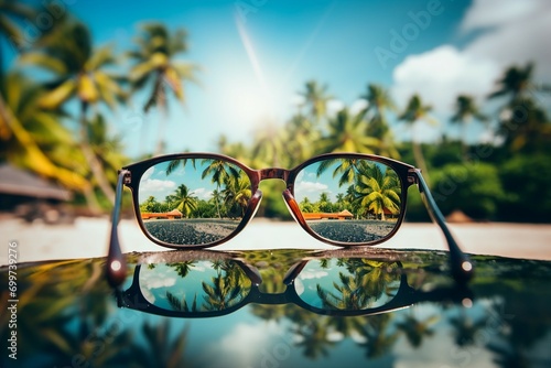 sunglasses reflection on a tropical sand beach, Genereative AI