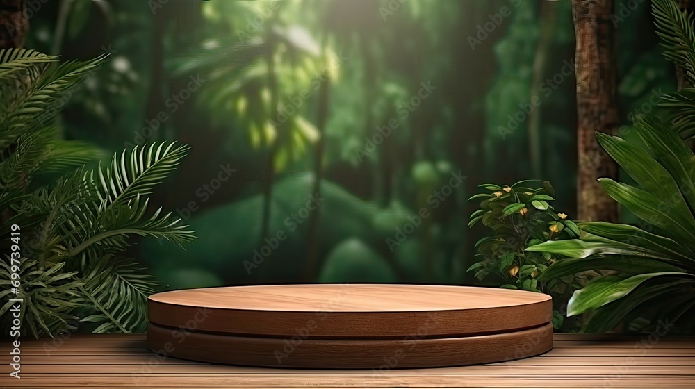 Envision a wooden podium amidst a vibrant tropical forest. Tropical showcase, product presentation, wooden podium, natural ambiance, forest backdrop. Generated by AI.