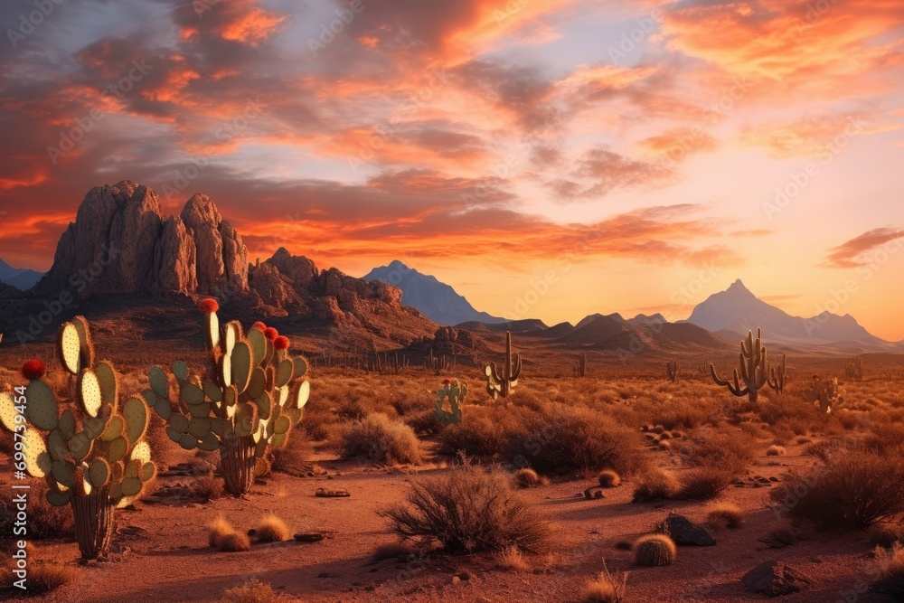 Wild West Texas desert landscape with sunset with mountains and cacti. - obrazy, fototapety, plakaty 