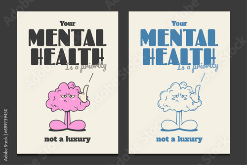 mental health day posters with a retro cartoon style, vector illustration