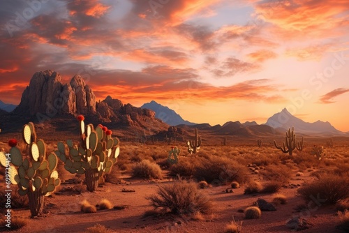 Obraz na płótnie Wild West Texas desert landscape with sunset with mountains and cacti