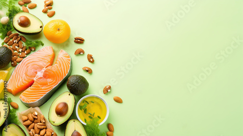 Healthy eating concept, Keto diet - salmon, avocado, eggs, nuts and seeds, green background, top view, copy space, Healthy lifestyle, Banner