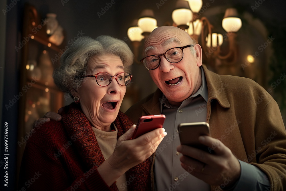 surprised senior couple using mobile phone, Genereative AI