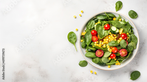 Spring vegan salad. It consists of corn, cherry tomatoes, young spinach, cucumber and radish. The concept of healthy eating. View from above. Photos for menus, food magazines