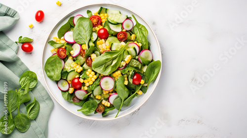 Spring vegan salad. It consists of corn, cherry tomatoes, young spinach, cucumber and radish. The concept of healthy eating. View from above. Photos for menus, food magazines