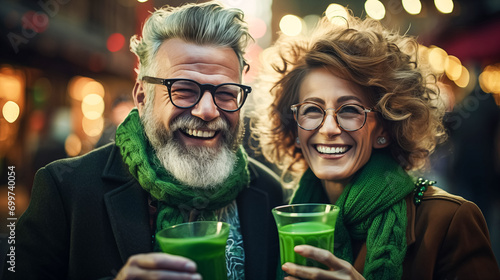 Modern adult man and a woman in green glasses drink green traditional beer and joyfully celebrate St. Patrick's Day.