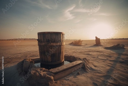 Wishing Well With Wooden Bucket On A Barren Landscape. Generative AI photo