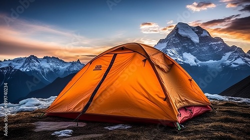 Incredible Mountain Camping Experience, Nestled at the Base of Majestic Snow-Capped Peaks © Inna