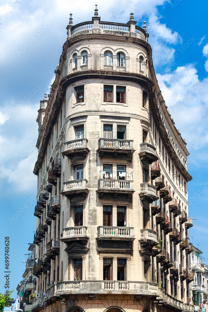 Old curved building at the entrance of Chinatown in  Havana City, Cuba