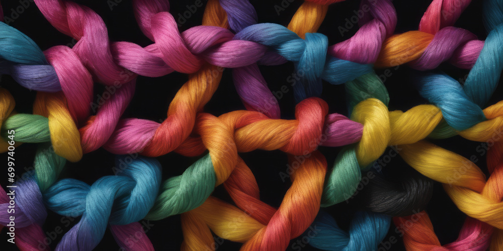 Colorful various ropes are woven into a knot. Teamwork concept. - obrazy, fototapety, plakaty 