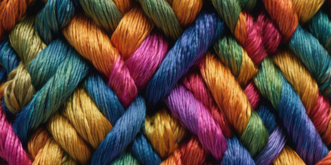 Colorful various ropes are woven into a knot. Teamwork concept.