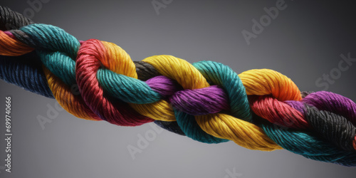 Colorful various ropes are woven into a knot. Teamwork concept. photo