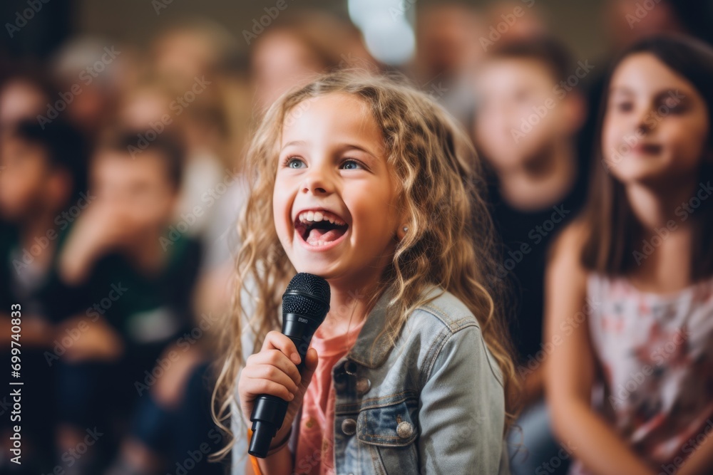 Fototapeta premium Young girl singing at school talent show