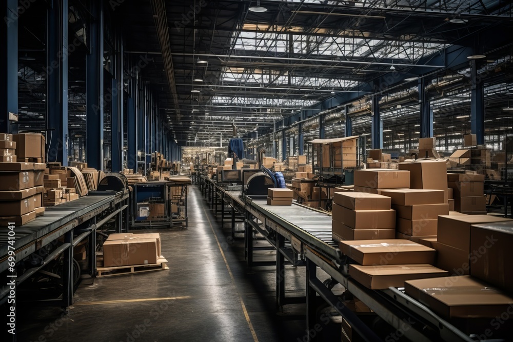 Dynamic e-commerce warehouse, parcels being sorted for dropshipping, conveyer belts, 8K
