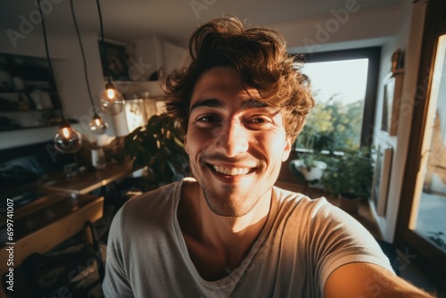Smiling young man taking a selfie at home photo