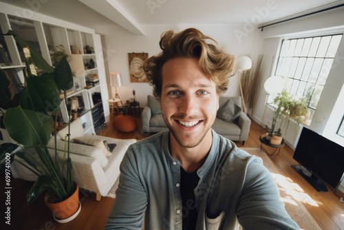 Smiling young man taking a selfie at home photo