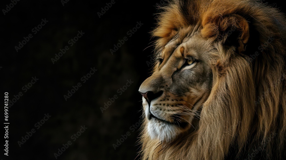 Majestic Lion staring on black background, motivational quote inspirational male grind post, Stoicism stoic hard men mentality philosophy philosopher, copy space for quotation text - obrazy, fototapety, plakaty 