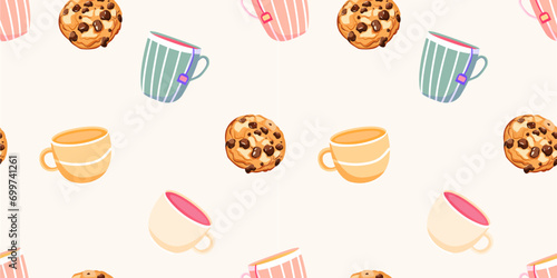 Cute seamless pattern with tea cups and chocolate chip cookies. Vector hand-drawn illustration in doodle style. Perfect for print, menu, wrapping paper, wallpaper, various designs.	