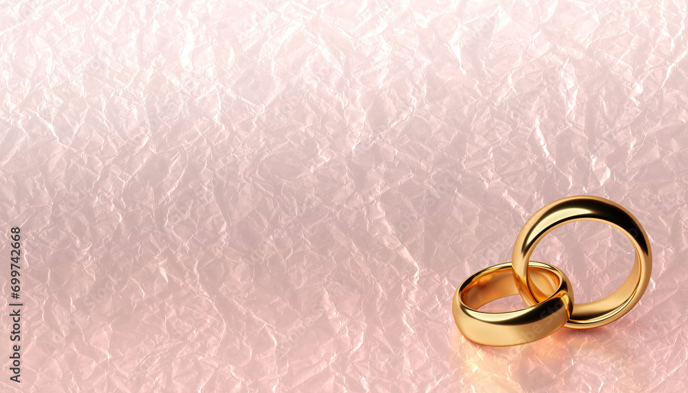 Banner of two wedding gold rings lie on each other with blank background and crumpled paper texture Banner of two wedding gold rings lie on each other with blank background and crumpled paper texture