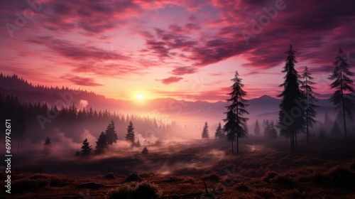 Sunrise over a misty mountain meadow, poland sandstorm photo stocky united, © piumi