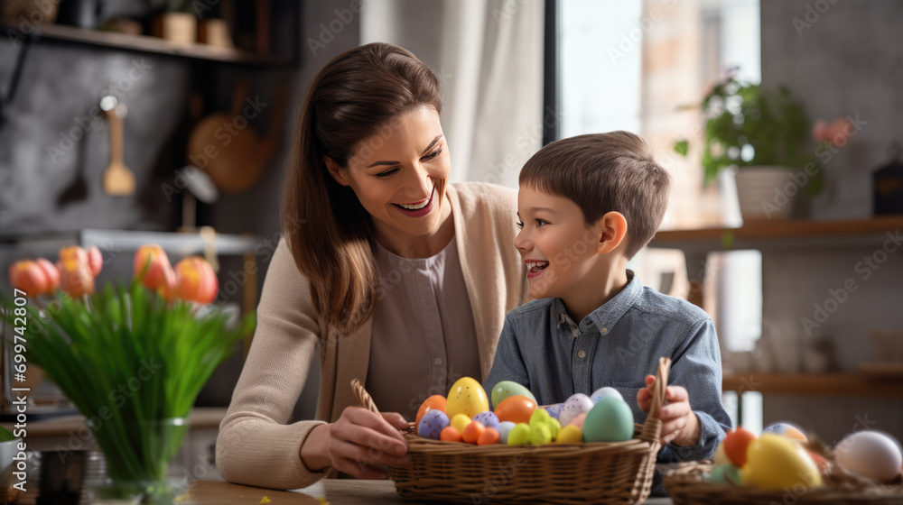 Portrait of a woman and a young child with bunny ears, smiling and engaging in Easter festivities, likely painting Easter eggs Portrait of a woman and a young child with bunny ears, smiling and engaging in Easter festivities, likely painting Easter eggs