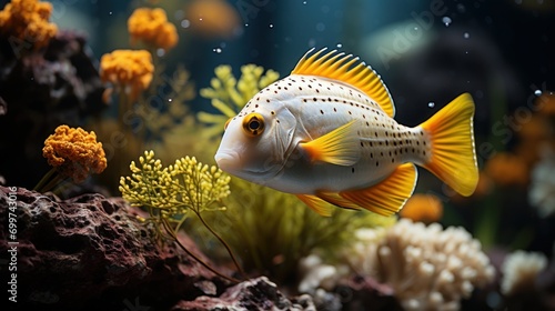 Onespot Foxface Rabbitfish Closeup in a Big Saltwater Aquarium  photo