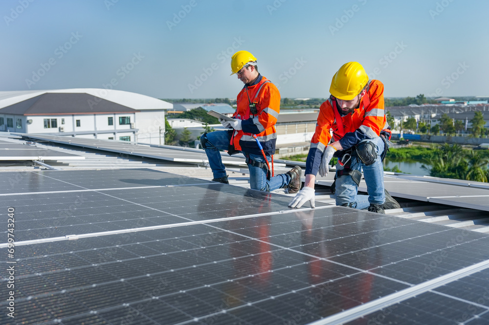 Side view of two Caucasian workers hold document pad and tablet check and maintenance the solar cell panels on rooftop of the building or factory. Side view of two Caucasian workers hold document pad and tablet check and maintenance the solar cell panels on rooftop of the building or factory.