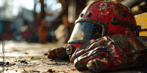 Working Gear, Featuring Clothing, Gloves, Helmets, Adhesive Tapes, and Abrasives in a Palette of Red, White, Black, and Grey. Dramatic Lighting Casts Shadows on a Sunny Day