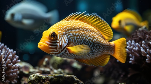 Onespot Foxface Rabbitfish Closeup in a Big Saltwater Aquarium  photo