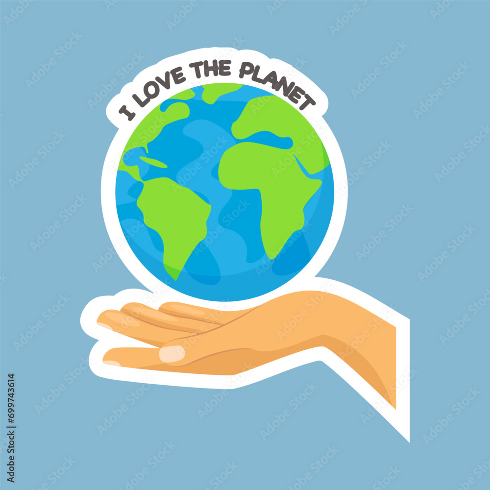 Ecology sticker I love the planet. Hand holding the planet, environmental sticker Earth day. Ecology sticker I love the planet. Hand holding the planet, environmental sticker Earth day.