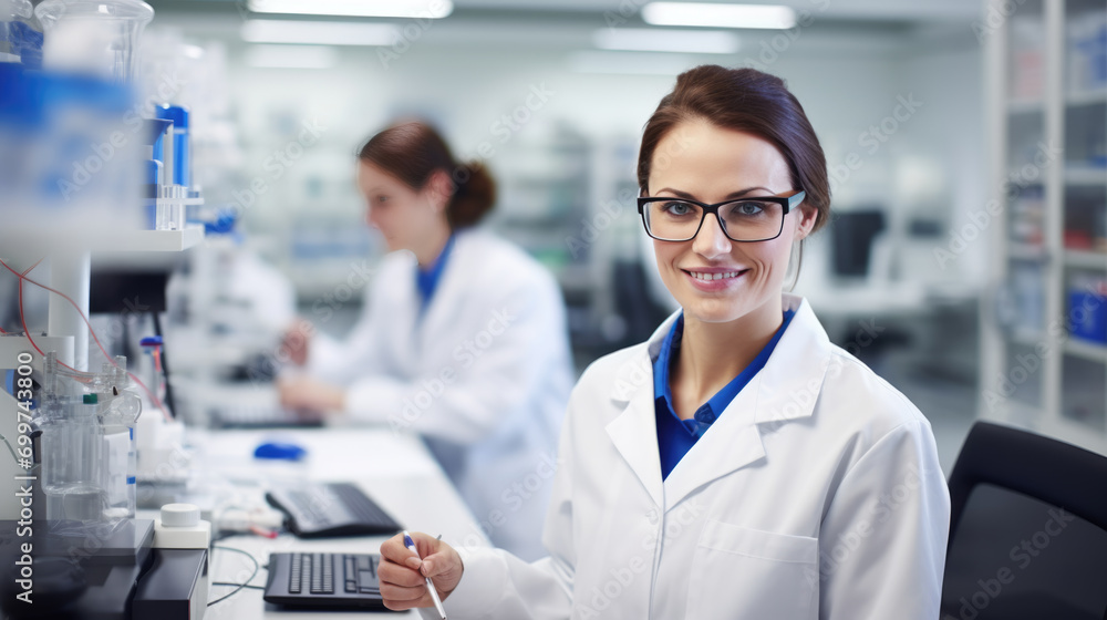 Smiling female scientist with curly hair and glasses, wearing a lab coat in a laboratory setting, with scientific equipment and other researchers in the background. Smiling female scientist with curly hair and glasses, wearing a lab coat in a laboratory setting, with scientific equipment and other researchers in the background.