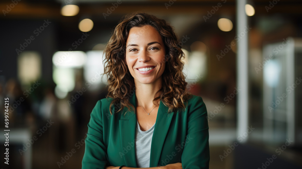 Obraz premium Woman with curly hair and a confident smile, standing with her arms crossed in an office environment.