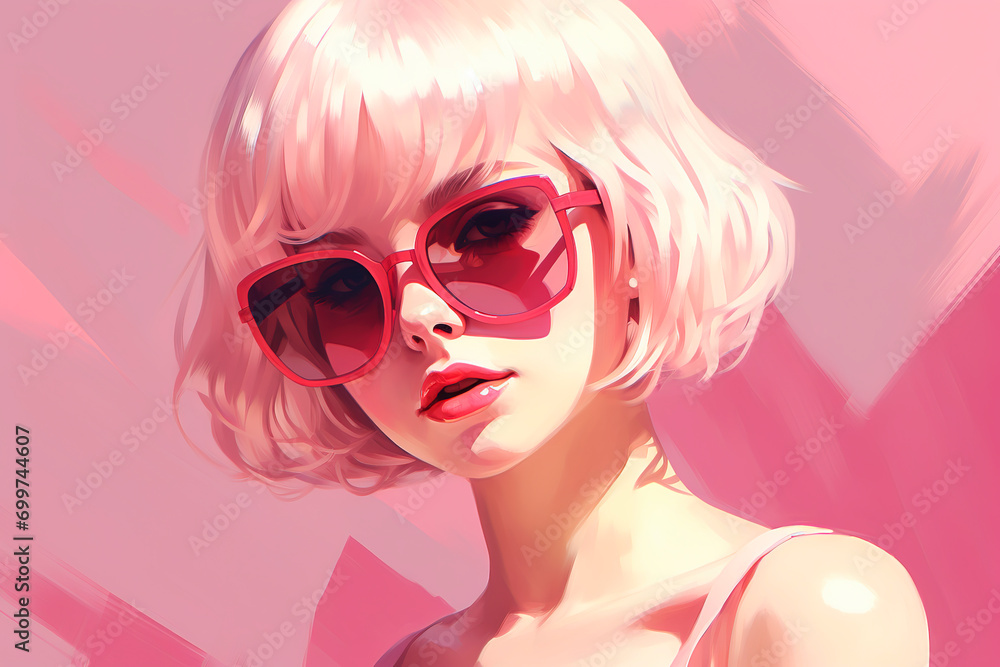 Stylish blonde with short hair and sunglasses. Pink aesthetics. Generative AI Stylish blonde with short hair and sunglasses. Pink aesthetics. Generative AI