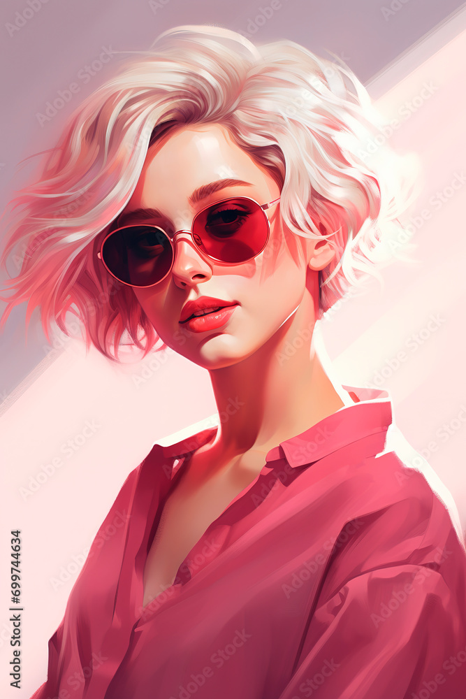Stylish blonde with short hair and sunglasses. Pink aesthetics. Generative AI Stylish blonde with short hair and sunglasses. Pink aesthetics. Generative AI