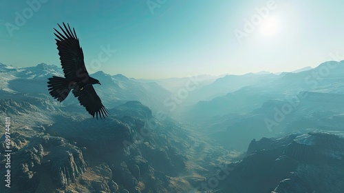 Flight of a Bird over the Mountains Background - Classical Antiquity Bird Illustration with tuned Colors - Explosive Wildlife Wallpaper created with Generative AI Technology