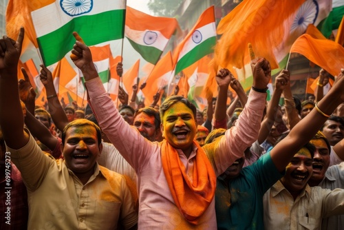 Indian people celebrating India's independence in the streets with flags and covered in color photo