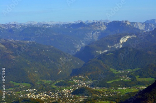 Aerial panorama landscape view of Austrian Alps, beautiful nature scenery of hilly mountains region.Beautiful morning in Austrian mountains. Mist and fog in autumn morning at Austria alps near Salzbur