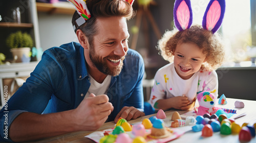 Portrait of a man and a young child with bunny ears, smiling and engaging in Easter festivities, likely painting Easter eggs