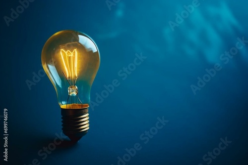Yellow light bulb on blue background. Generative AI