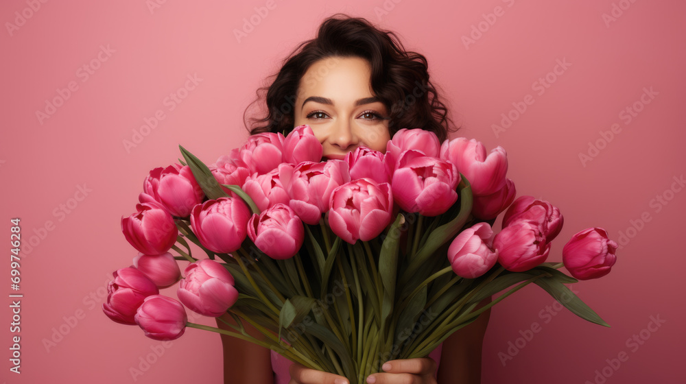 Woman peeking out from behind a large bouquet of pink tulips, with her eyes smiling and the rest of her face playfully hidden by the flowers. Woman peeking out from behind a large bouquet of pink tulips, with her eyes smiling and the rest of her face playfully hidden by the flowers.